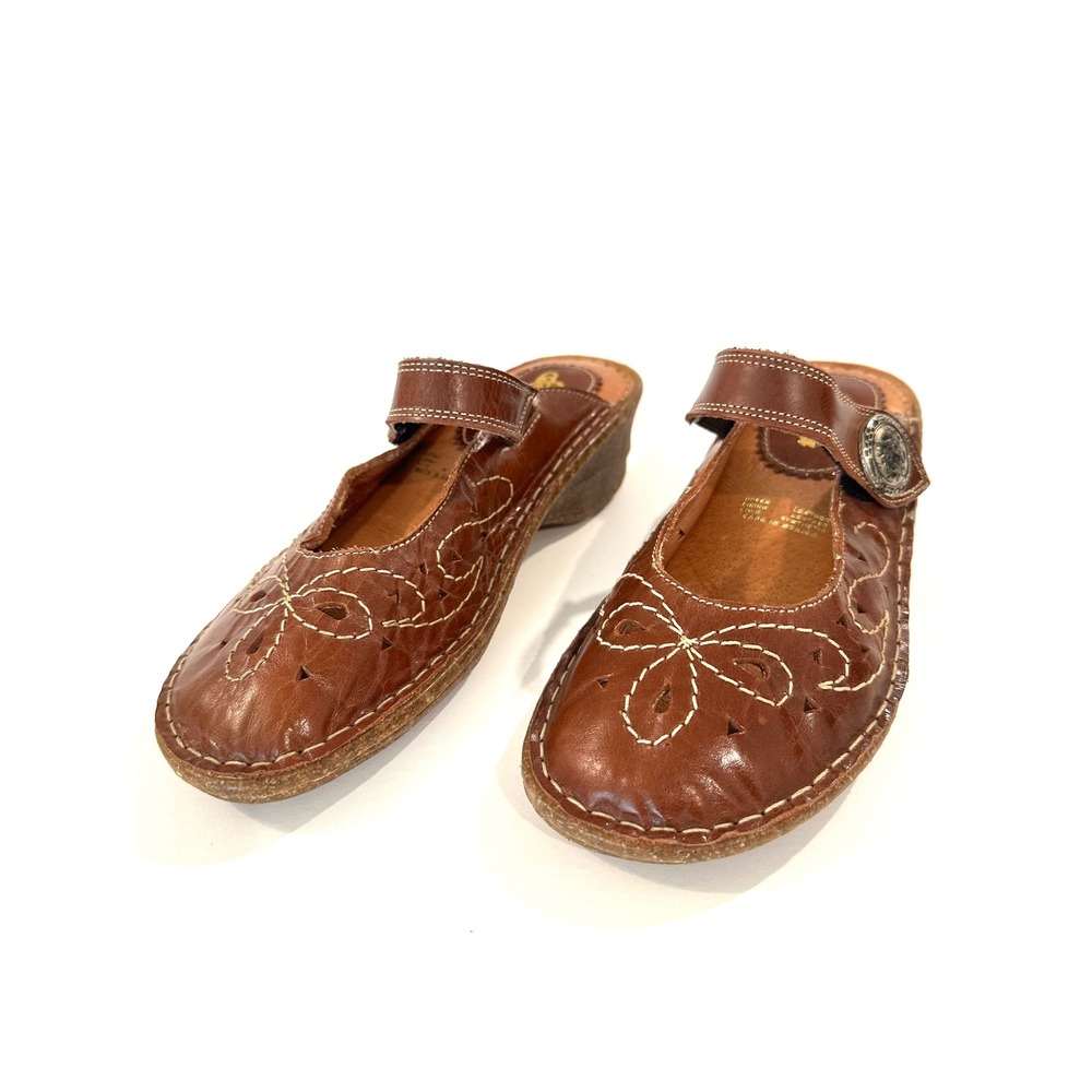 Biza Brown Leather‎ Mary Jane Slip On Mules Comfort Wedge Clogs 37/6.5 Vaca NWOT